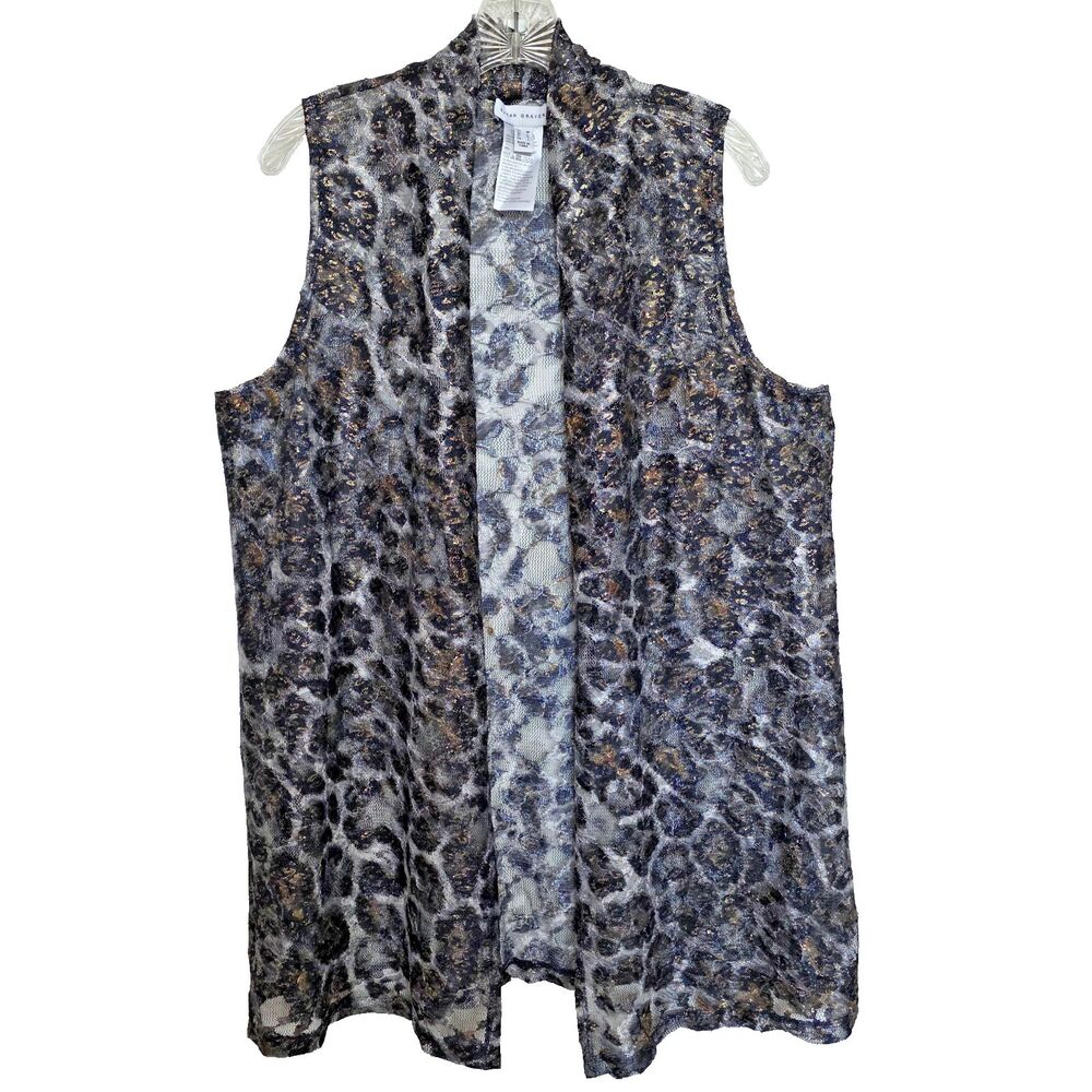 Susan Graver Leopard Print Lace Vest Cardigan M Gold Foil Black Shimmer A367235
